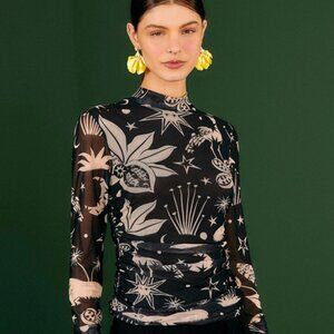 Farm Rio Cerrado Sky Printed Tulle Ruched Mock Neck Long Sleeve Blouse, Small